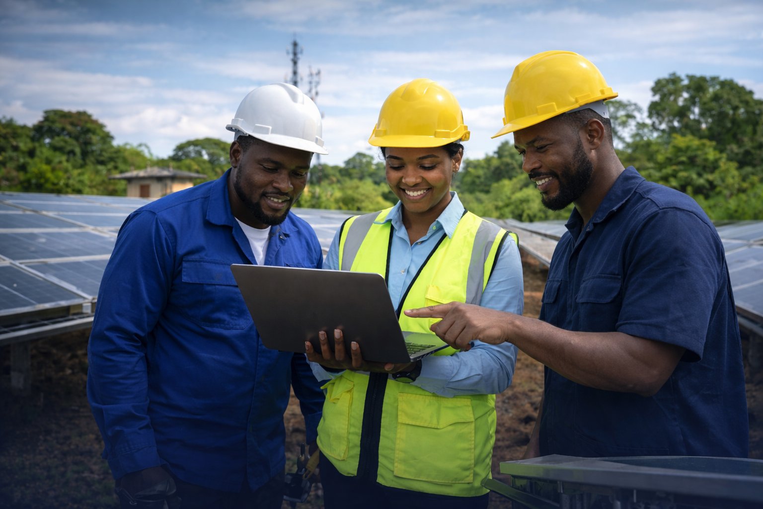 PowerMind engineers reviewing solar installation data on a laptop at a solar site